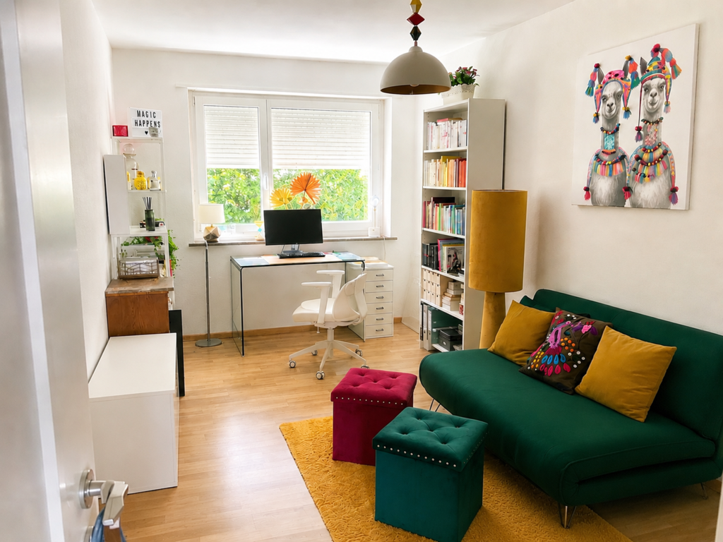 Flexibles Gästezimmer mit Schlafsofa und Arbeitsplatz – ideal zum Arbeiten oder für zusätzliche Gäste.