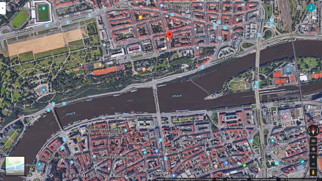 areal view of our house (red pointer) & Letna park 