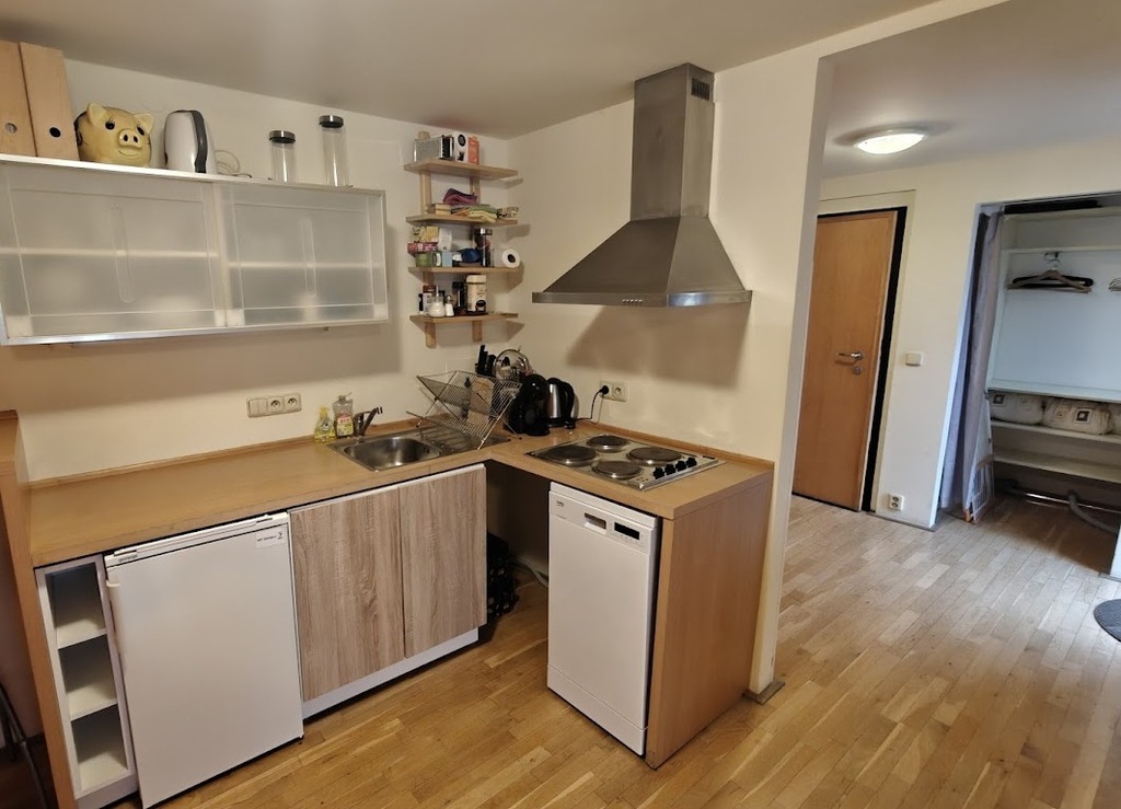 kitchen counter with the entrance hall and walk-in wardrobe (on the right)