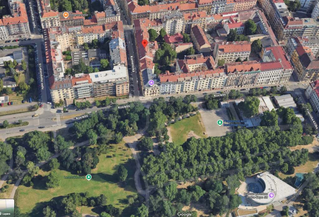 areal view of our house (red pointer) & Letna park