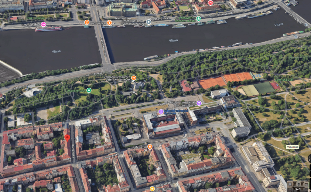 areal view of our house (red pointer) & Letna park, Vltava river