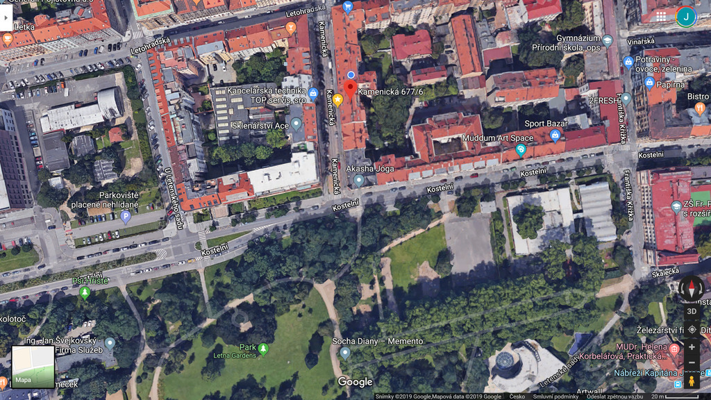 areal view of our house (red pointer) & Letna park - close up