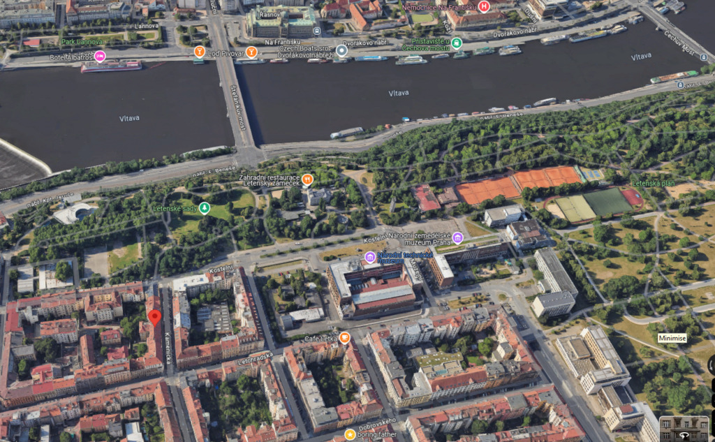 areal view of our house (red pointer) & Letna park, Vltava river