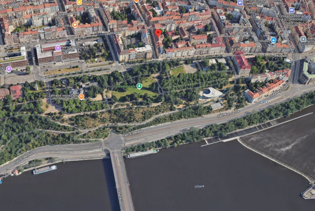 areal view of our house (red pointer) & Letna park, Vltava river