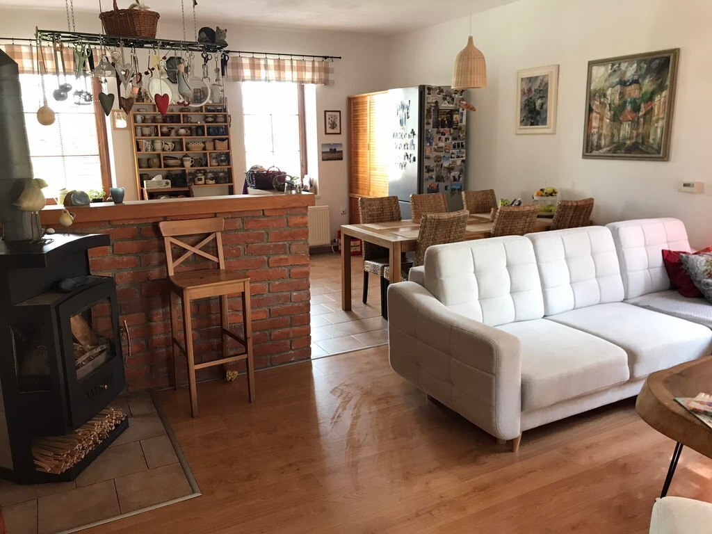 living room with dining room