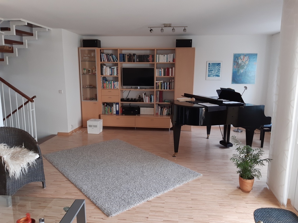 living room with grand piano