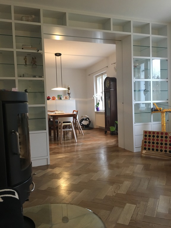 view from living room into dining room, sliding door in between