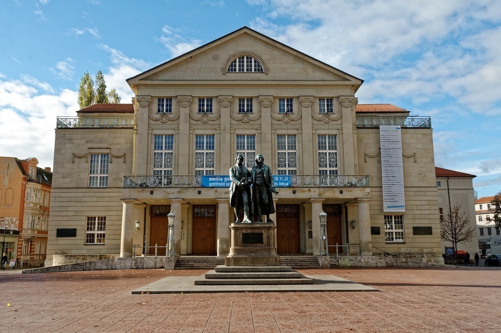 Weimar National Theatre with Goethe and Schiller Monument