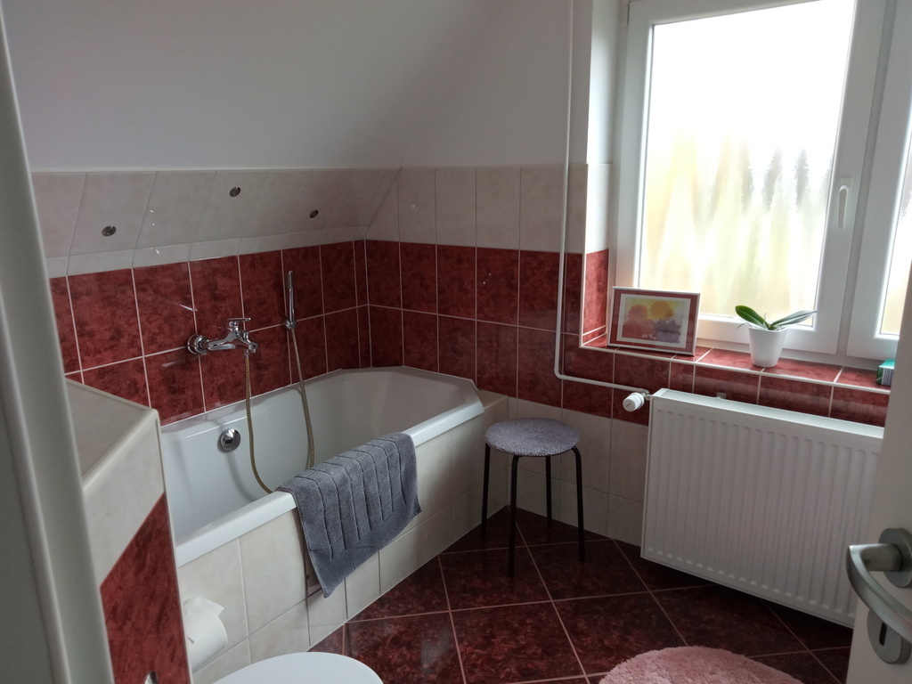 Bathroom with tube upstairs