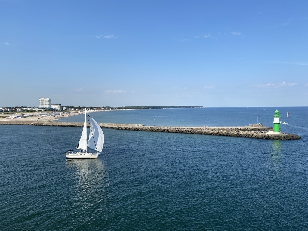 View of Rostock Warnemünde from the ferry to Denmark / Blick von der Fähre nach Dänemark auf Rostock Warnemünde