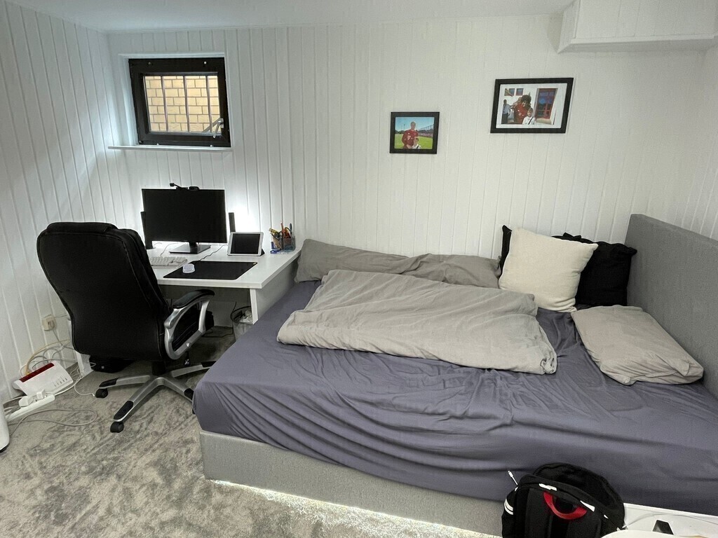 Jugendraum im Keller mit Doppelbett und Schlafcouch/Teenager's room in the basement w. double bed and sofa bed (both queensize)