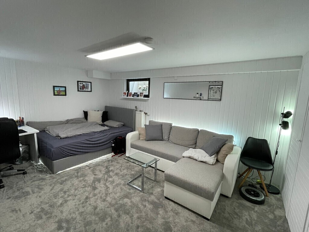 Jugendraum im Keller mit Doppelbett und Schlafcouch/Teenager's room in the basement w. double bed and sofa bed (both queensize)