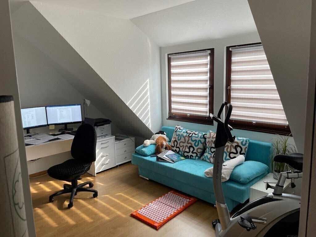 Büroraum mit Schlafcouch und Hometrainer/Office with sofa bed and exercise bike