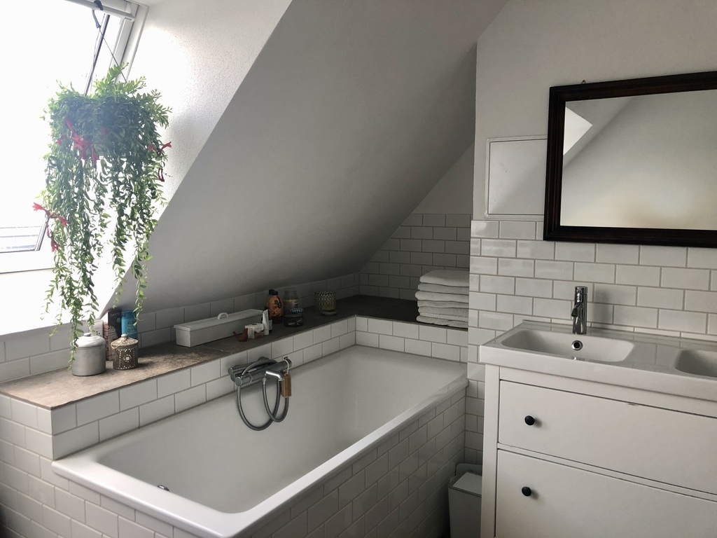Bathtub and double sink in the big bathroom