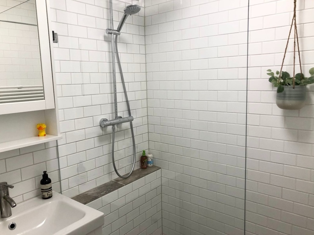 The small bathroom with a walk-in shower