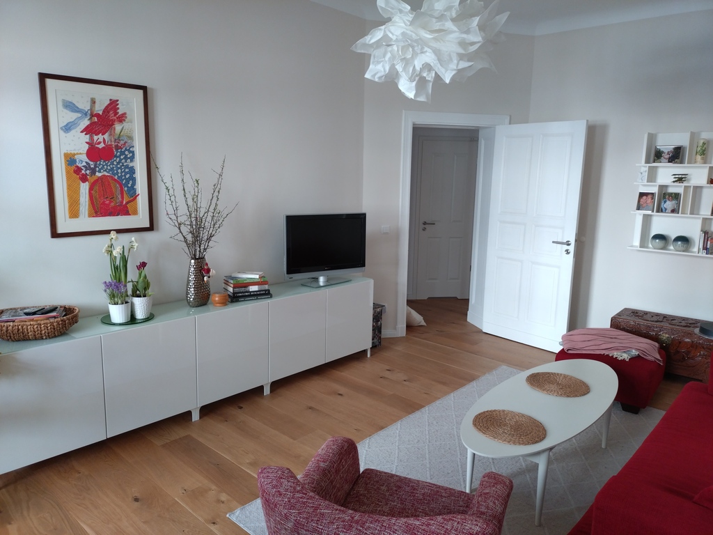 Wohnzimmer mit Zugang zum überdachten Balkon