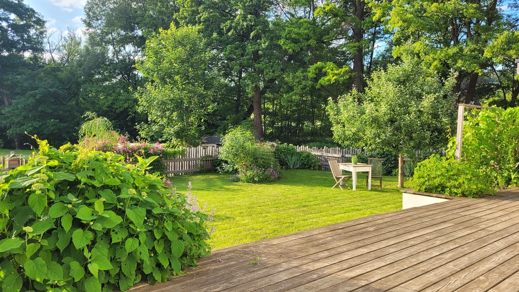 Blick von der Terrasse. Hinter dem Zaun findet man den Bach.
