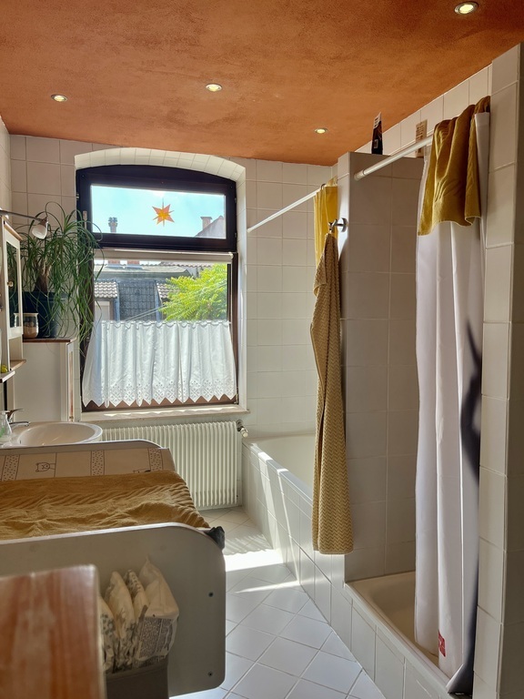 downstairs bathroom with bathtub and shower