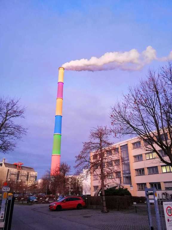 one of the symbols of the city, the giant chimney of the power station. In the evening it is lit by 140 light bulbs.