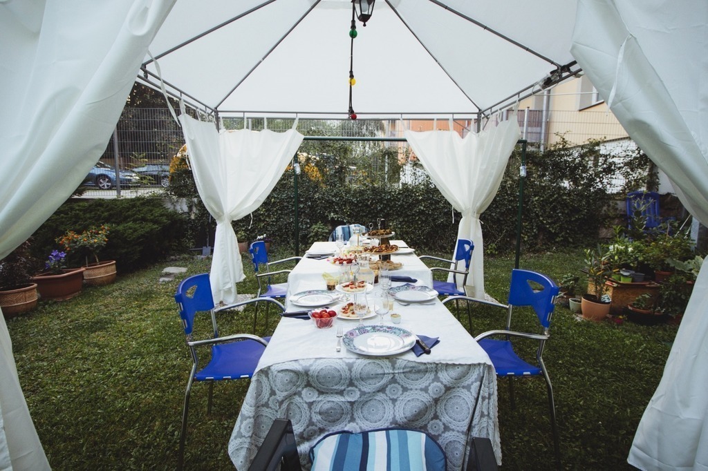 inside the gazebo, table set