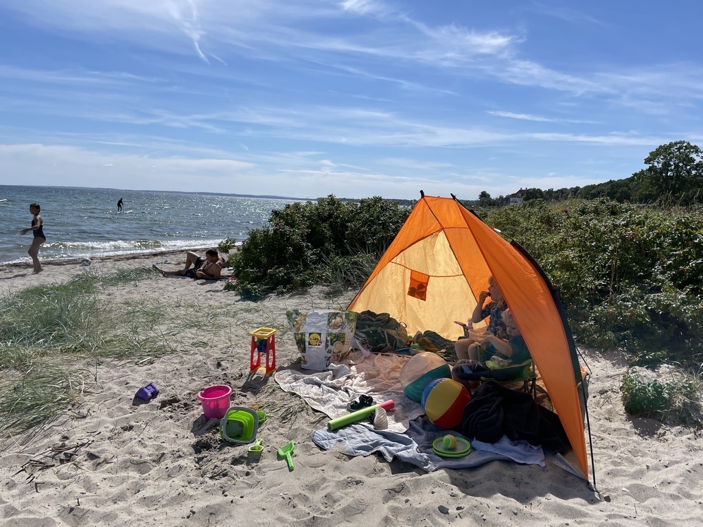 Selma and Manfred in our beach tent at Snekkersten Beach