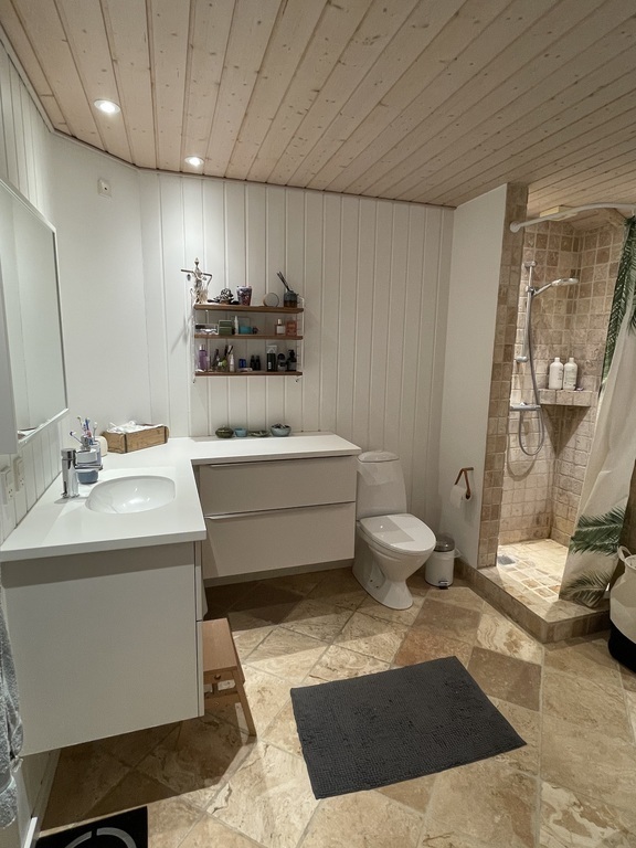 Bathroom 1, with toilet, shower, and bathtub