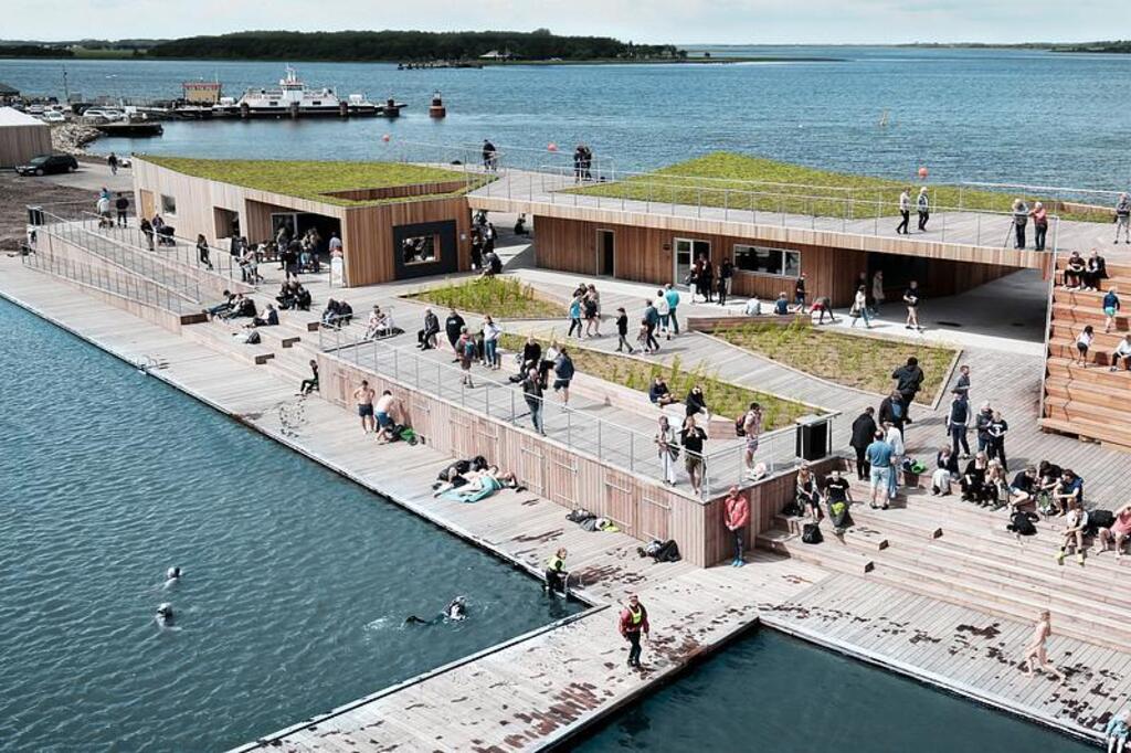 Open air swimming pool at the Limfjord and the island Egholm in the background (a 10 minutes ferry trip). 