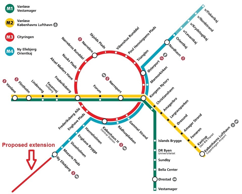 Copenhagen Metroline map our station is Amagerbro 12 min from Airport (Yellow line)