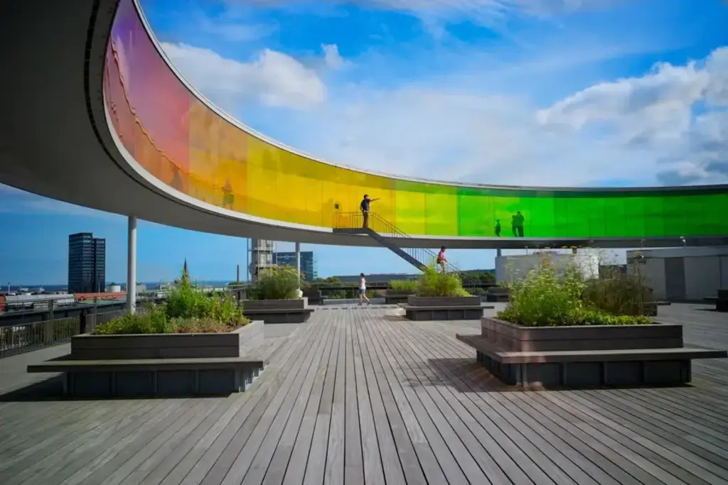 The rainbow panorama is located on top of the Aros art museum.