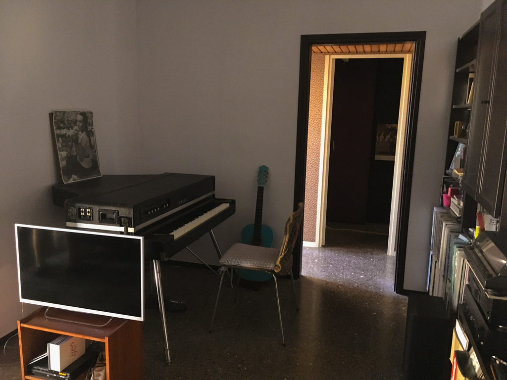 Piano and TV on the living room. Salle de séjour avec le piano, TV, DVD, etc.