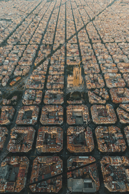 Aereal view of Sagrada Familia surroundings, Barcelona.