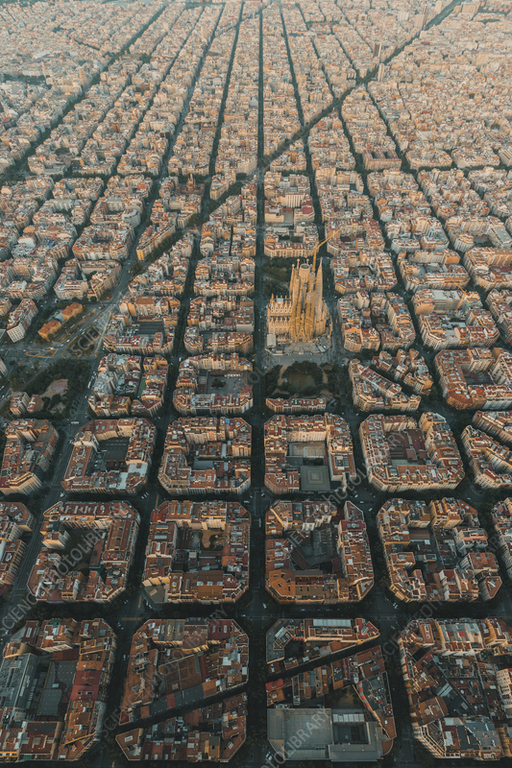 Aereal view of Sagrada Familia surroundings, Barcelona.