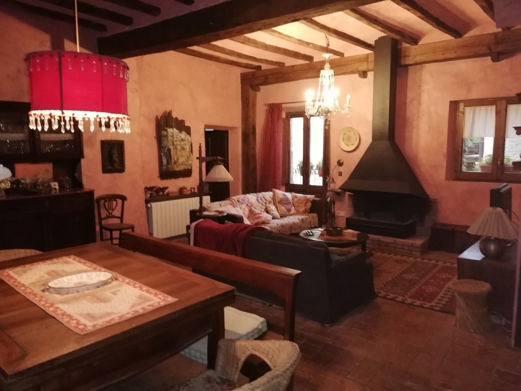 Living room with two sofas and a large table