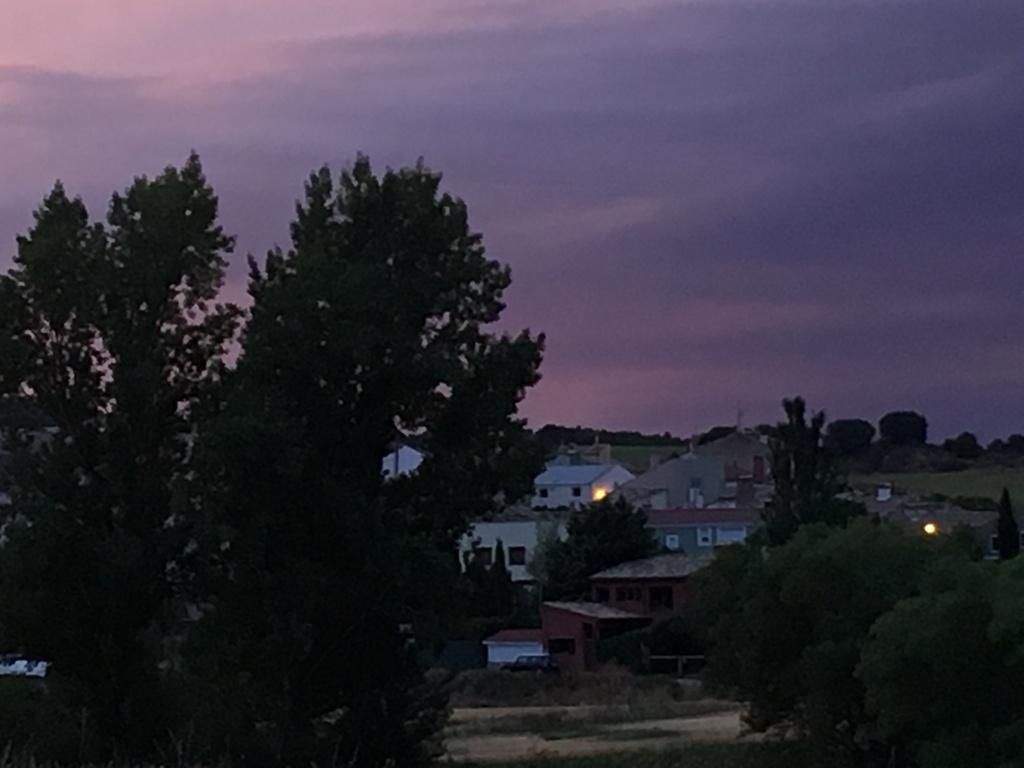 Nuestra casa, la amarilla, se ven  dos de sus ventanas junto al árbol al anochecer