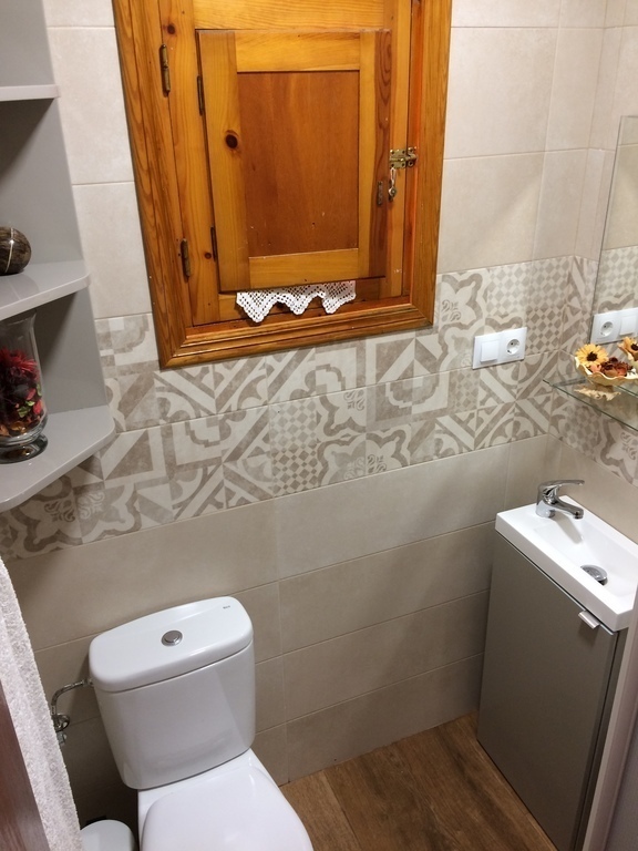 Cuarto de aseo abajo, con plato de ducha.