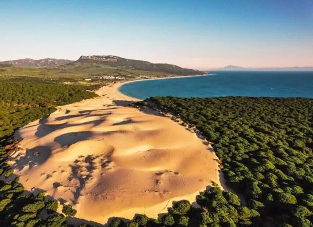 Ensenada y duna de Bolonia con la costa africana en el horizonte
