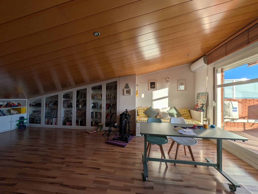 Biblioteca de la buhardilla con diván. Puede fucnionar como 4º dormitorio con cama de 160x180.