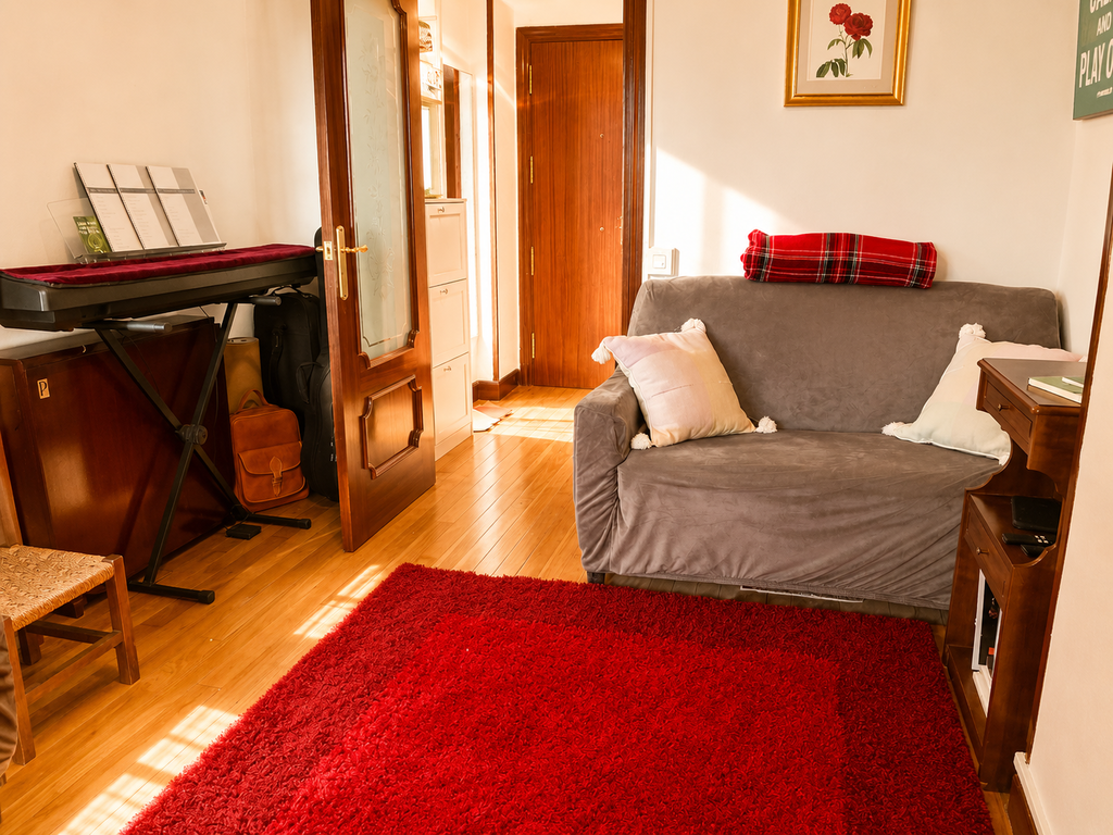 Warm and cozy living room with piano corner and foldable dining table