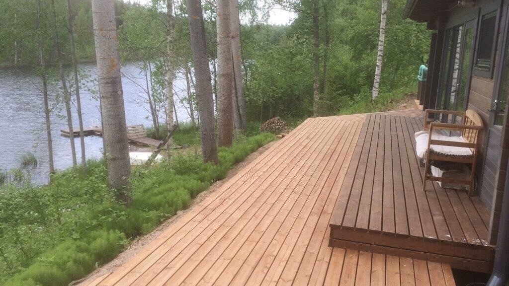 View from cottage patio to pond