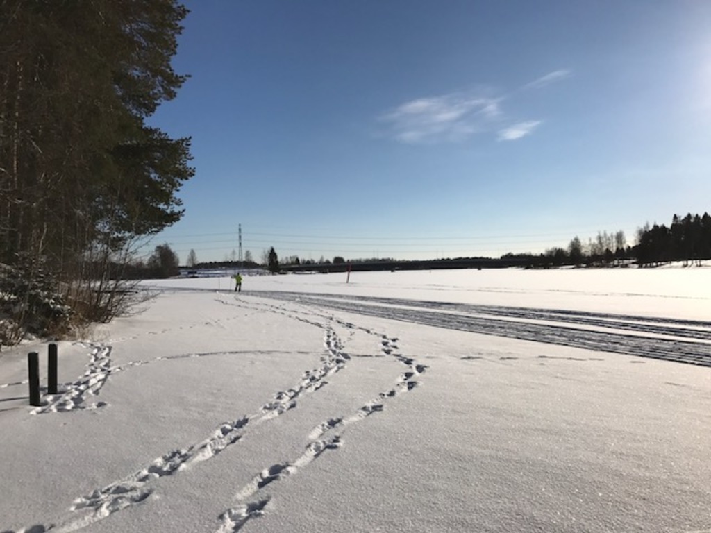 Ski tracks on the river during winter.