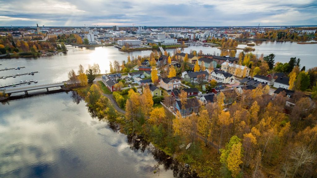 Beautiful river delta, Pikisaari area with wooden houses in front.