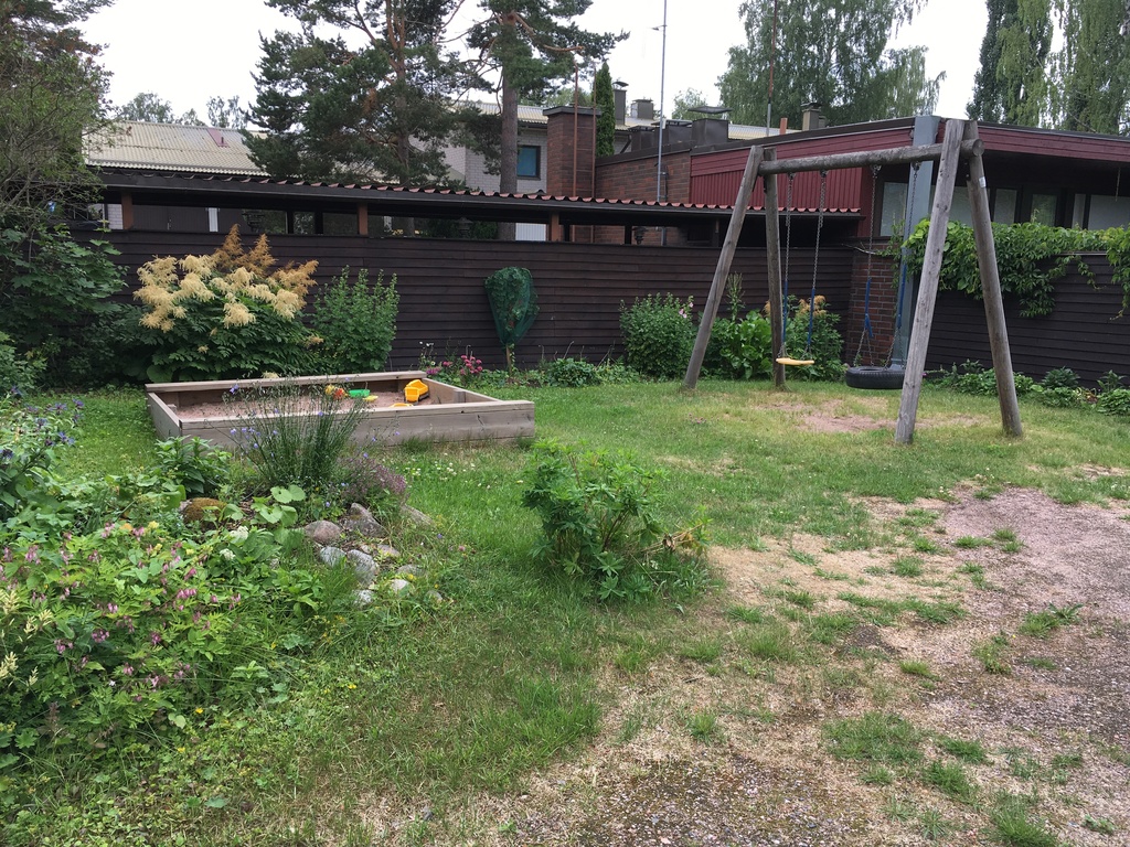 Swings and a sandbox in the backyard