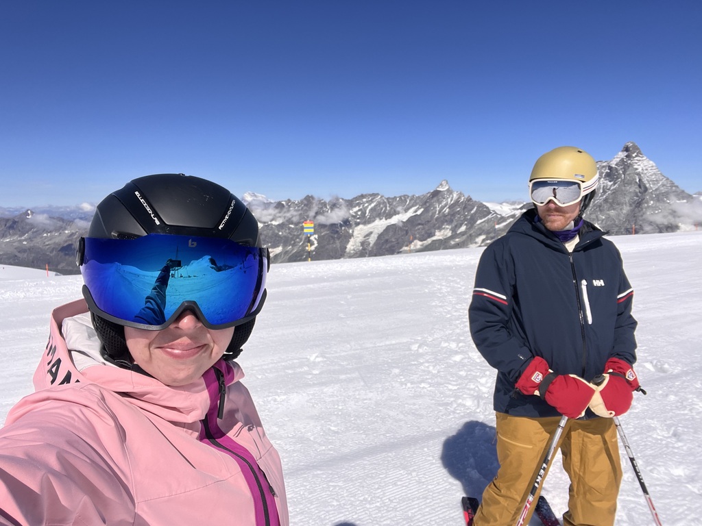 Salla and Jaakko skiing in July in Zermatt, Switzerland