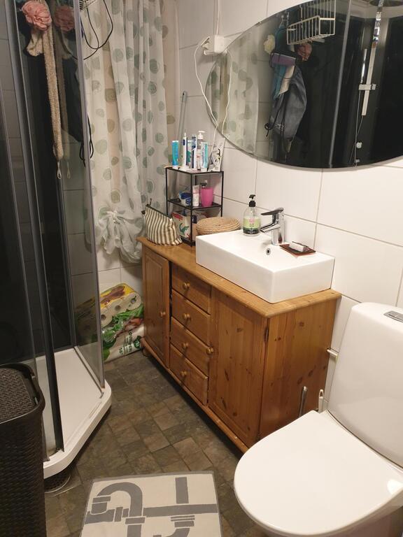 The bathroom downstarirs has a shower cabin.