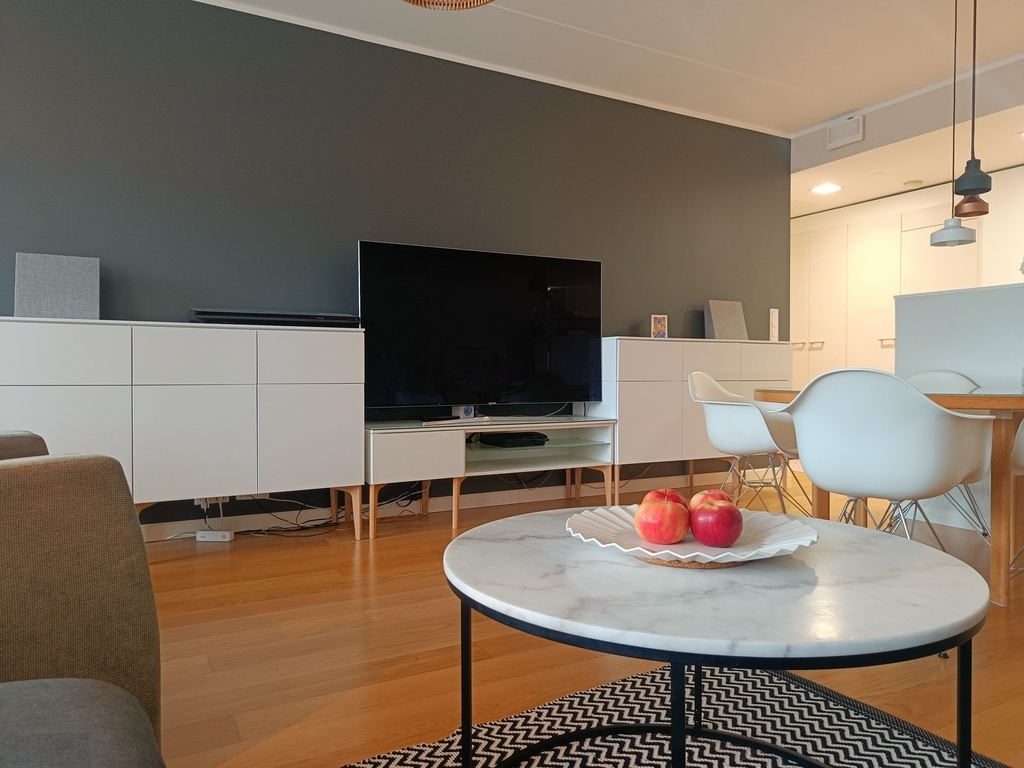 Living room and dining area, sofa p.o.v.