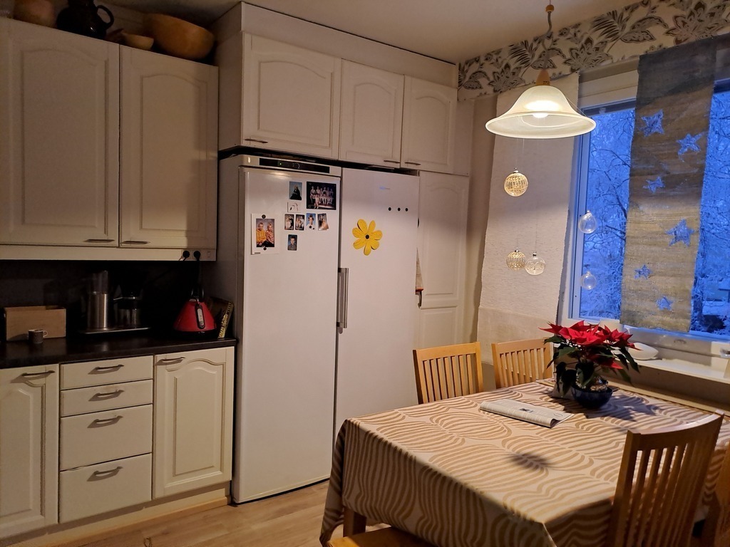 Erillinen pieni keittiö, jossa liesi, astianpesukone, jääkaappi ja pakastin, ruokapöytä neljälle hengelle sekä keittiök    gelle