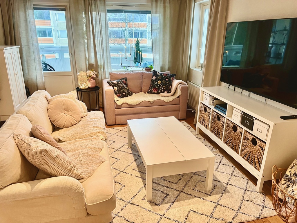 Livingroom is beside the balcony, other sofa has a bed in it too.