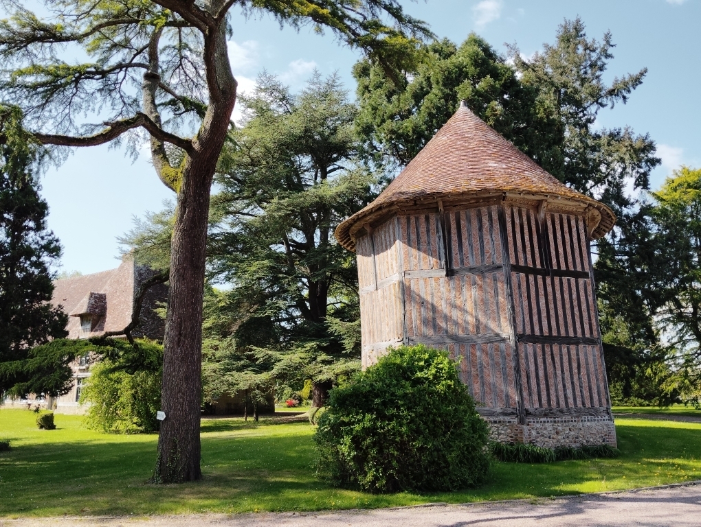 Pigeonnier (1560) à entre-colombages tuilés du Manoir de Bellou (XV°/XVI°)