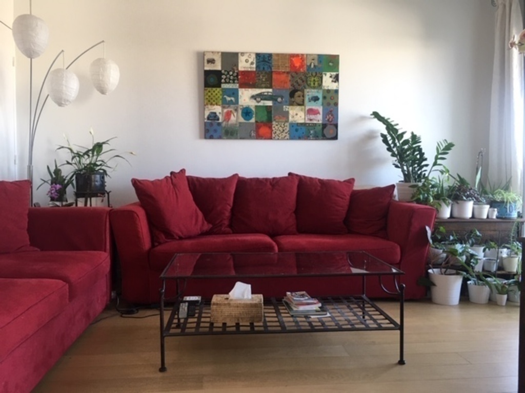 Our living room, with a lush vegetal balcony/terrasse, view over a garden, and the Eiffel Tower in the back