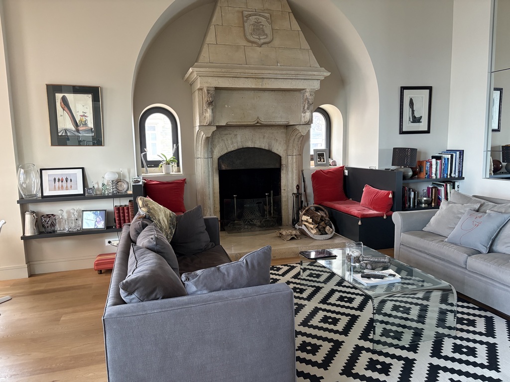 Living area showing log fire place